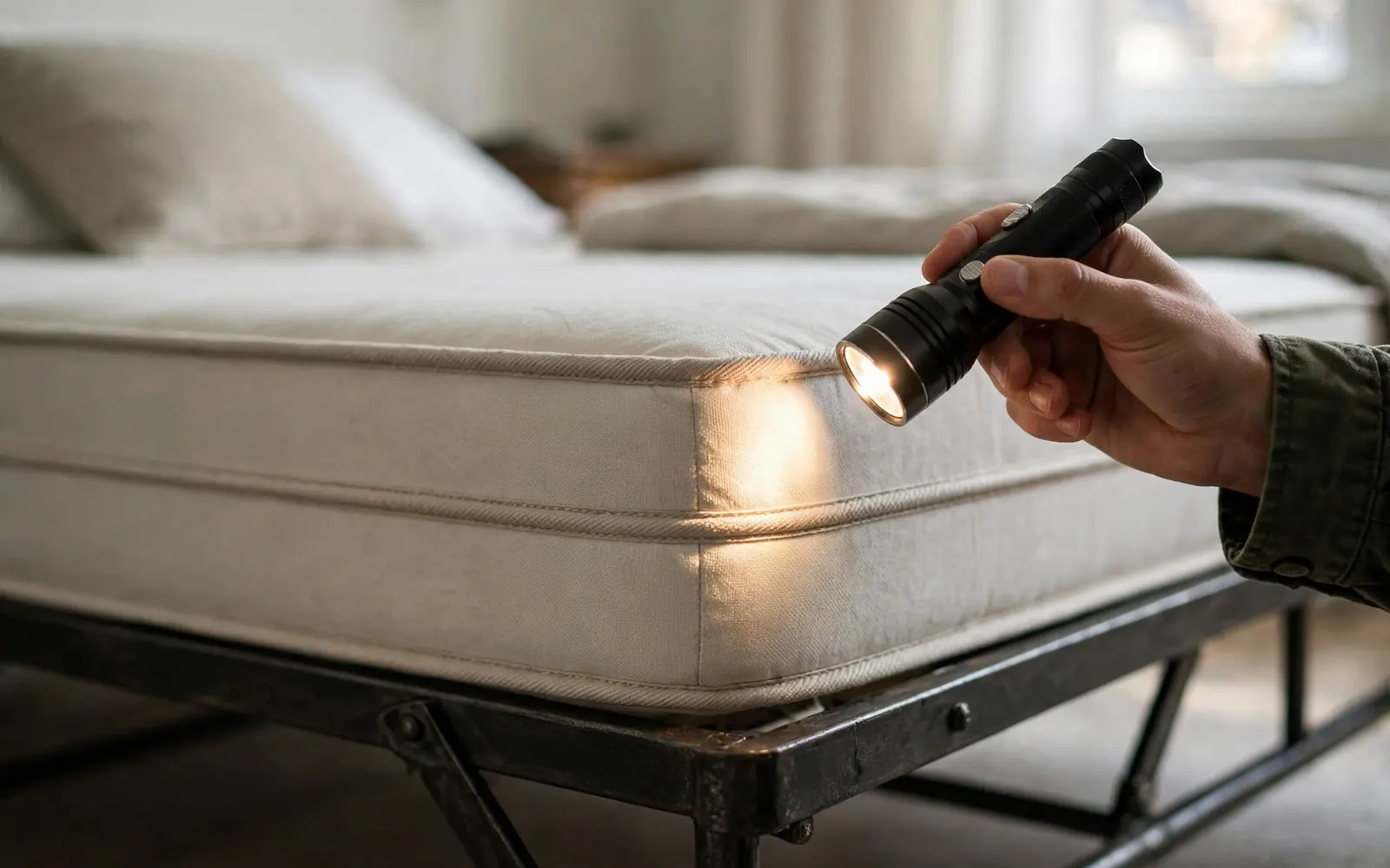 Technician inspecting a mattress seam for bed bugs during a treatment visit in Lakeland, Florida