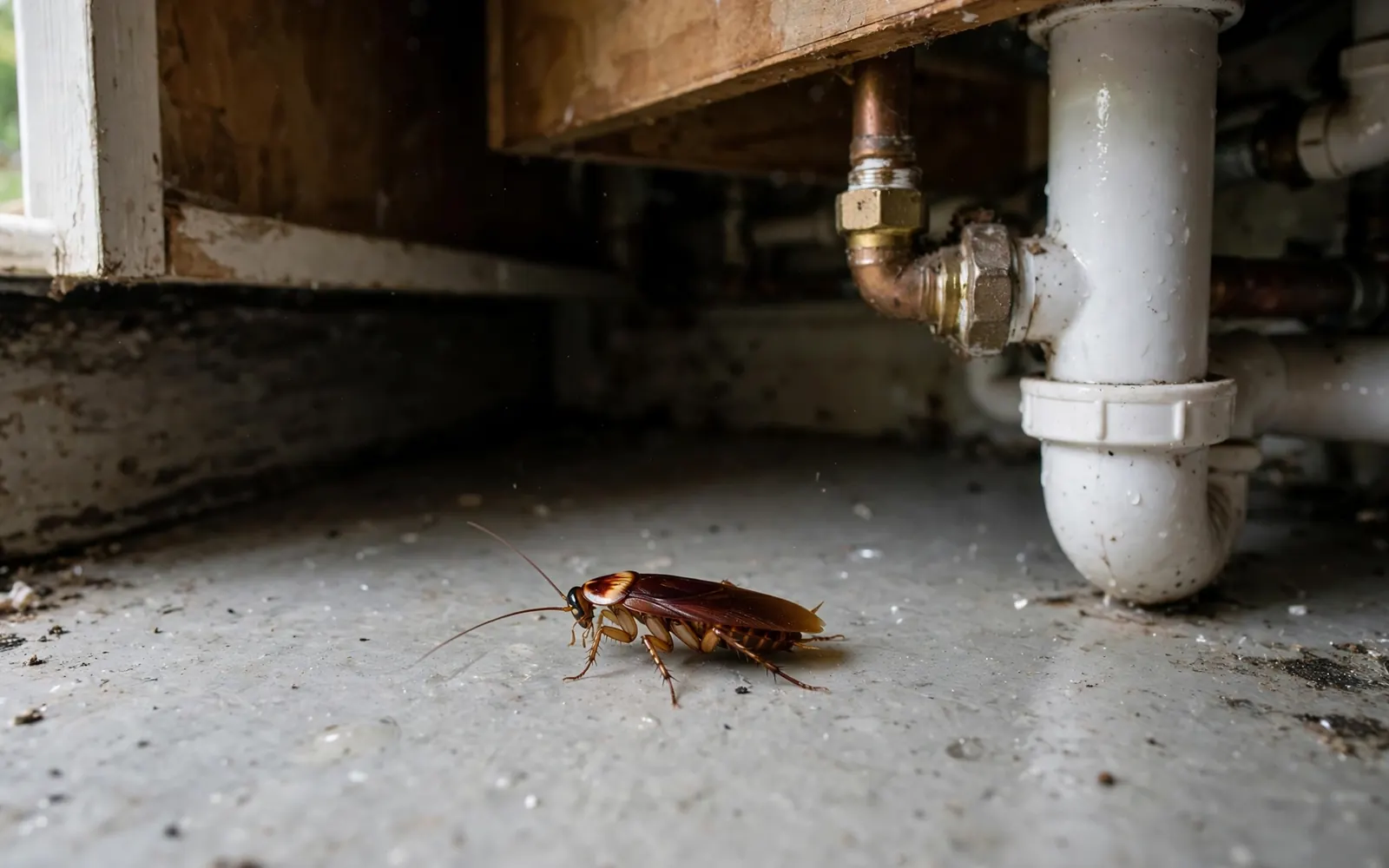 Kitchen cabinets and sink area in a Lakeland Florida home during cockroach inspection