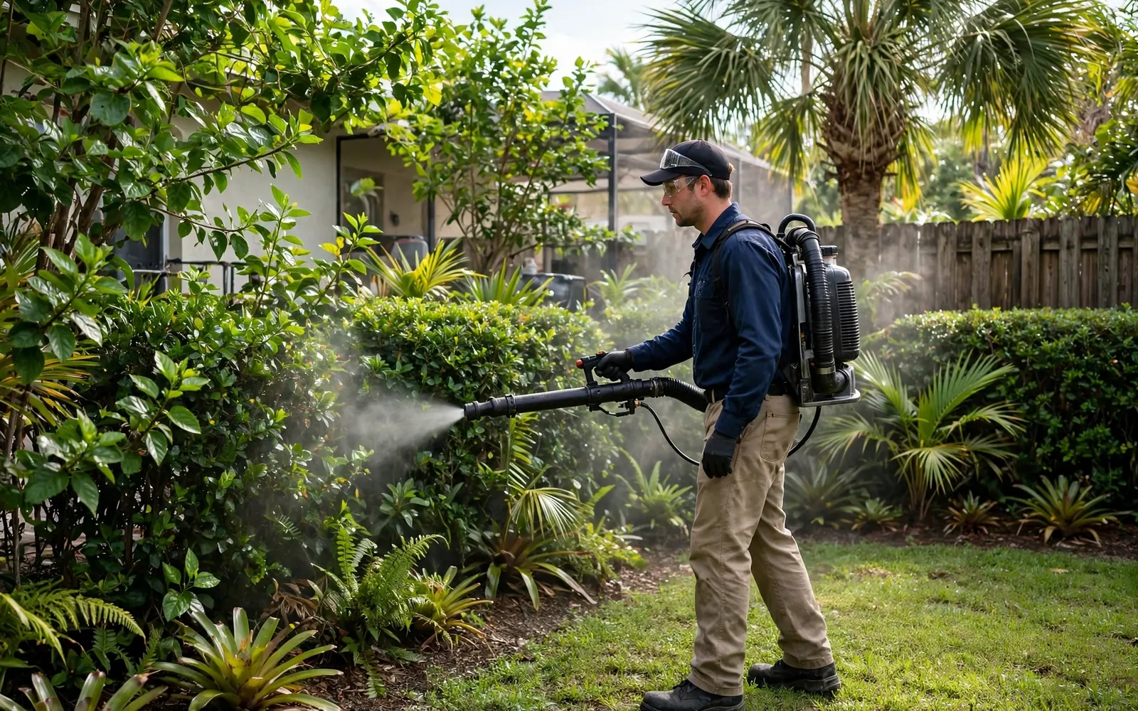 Technician applying a mosquito barrier treatment to shrubs in a Lakeland backyard