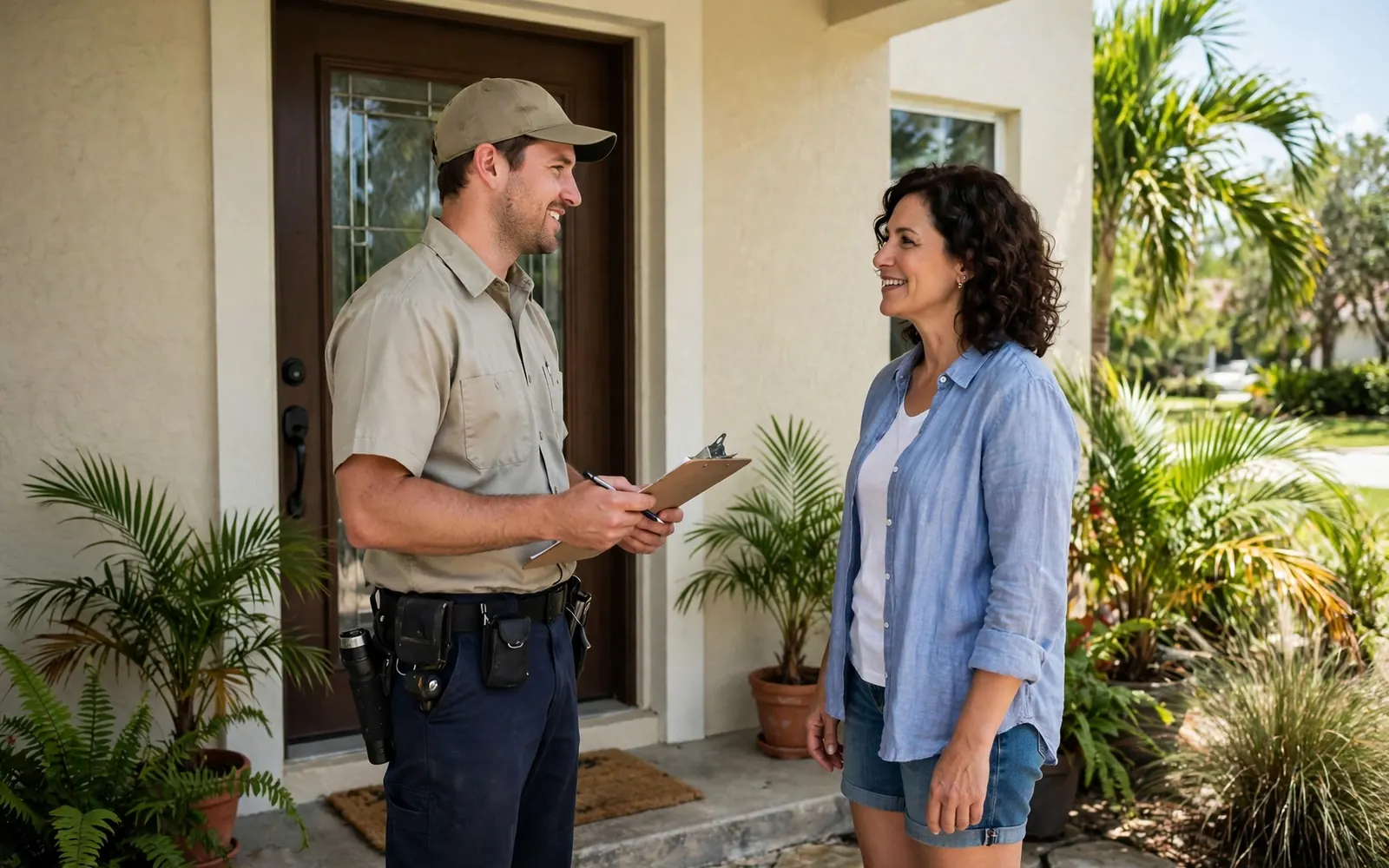 Pest control technician going over pricing with a Lakeland homeowner at the front door