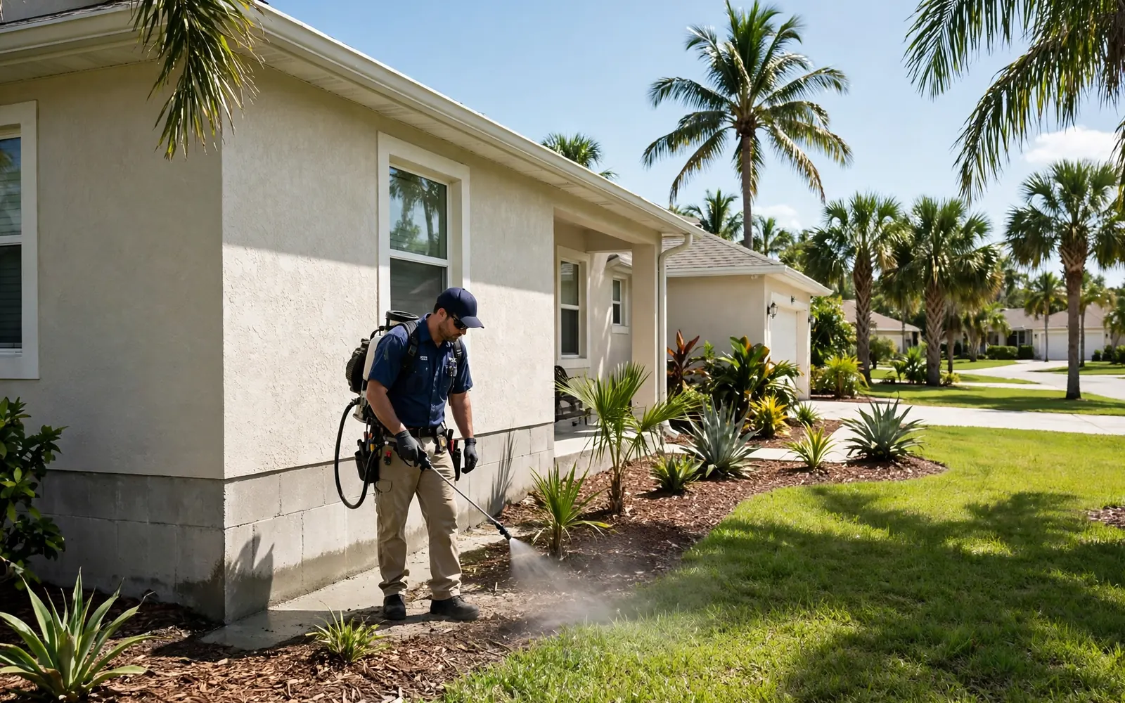 Pest control technician treating the exterior of a Lakeland, Florida home surrounded by palms
