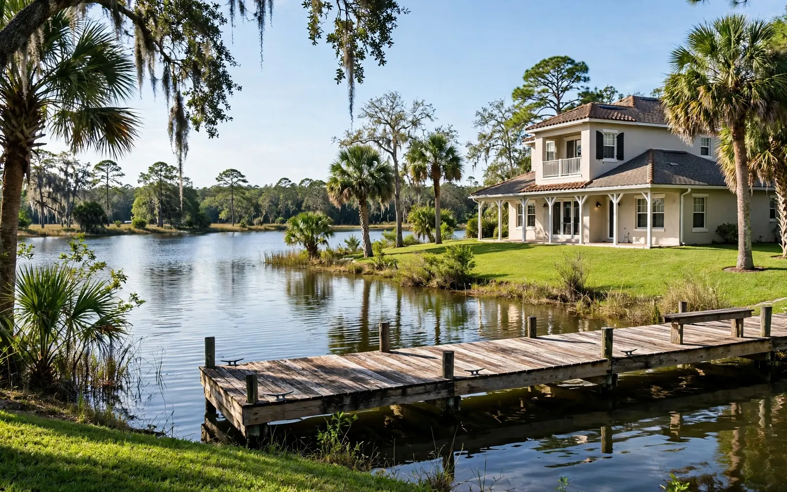 Lakefront home in Winter Haven, Florida with palms and a screened patio near the Chain of Lakes
