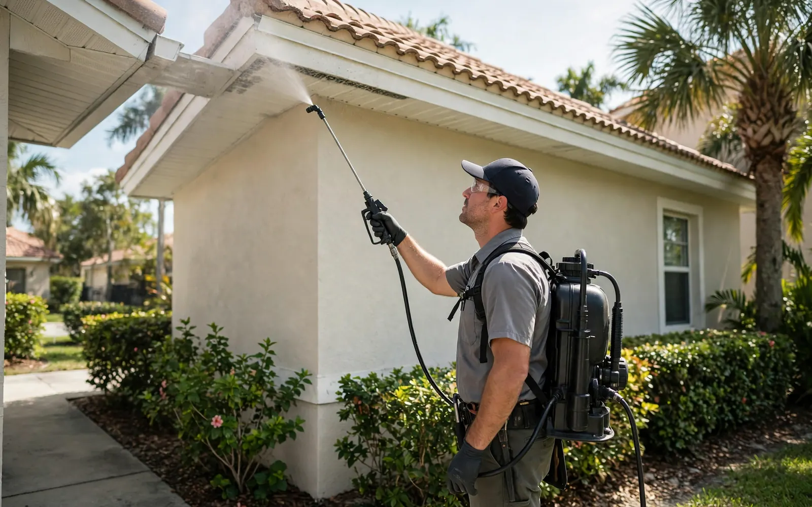 Pest control technician treating the exterior of a Florida home in Lakeland on a sunny day