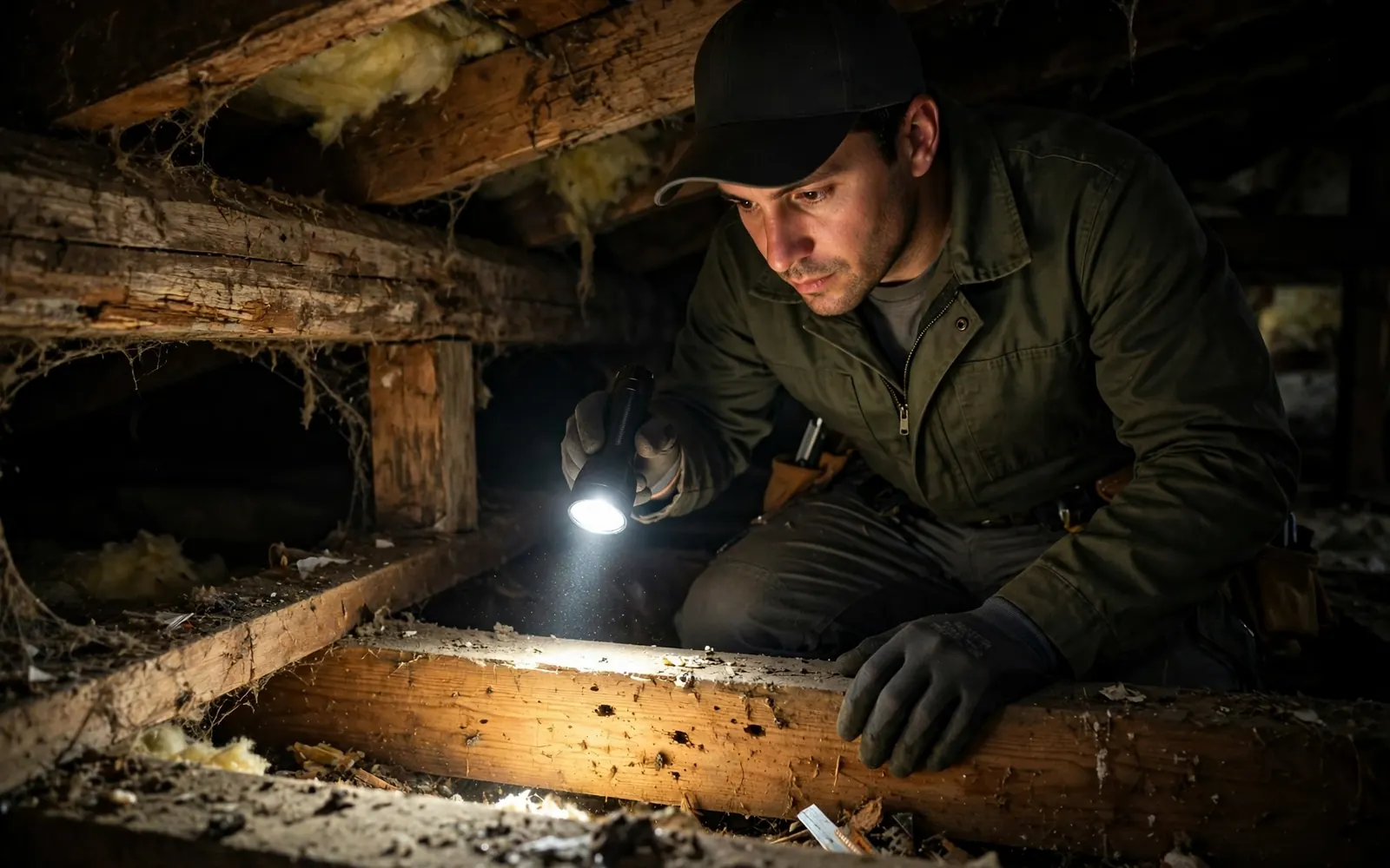Technician using a flashlight to inspect wood framing during a termite inspection in a Florida home